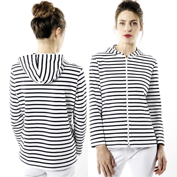 Saint James Navy and Cream Striped Zip Hoodie - Picture 1 of 8